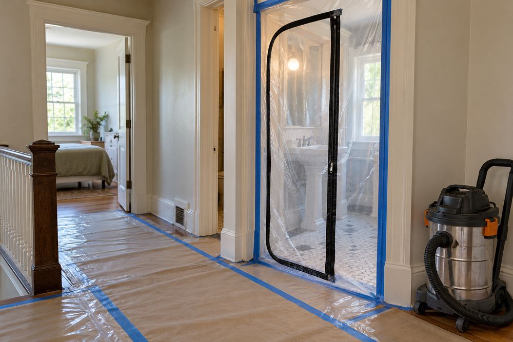 Bathroom doorway sealed with plastic sheeting and a zippered door, hallway floor covered, and a HEPA vacuum standing by
