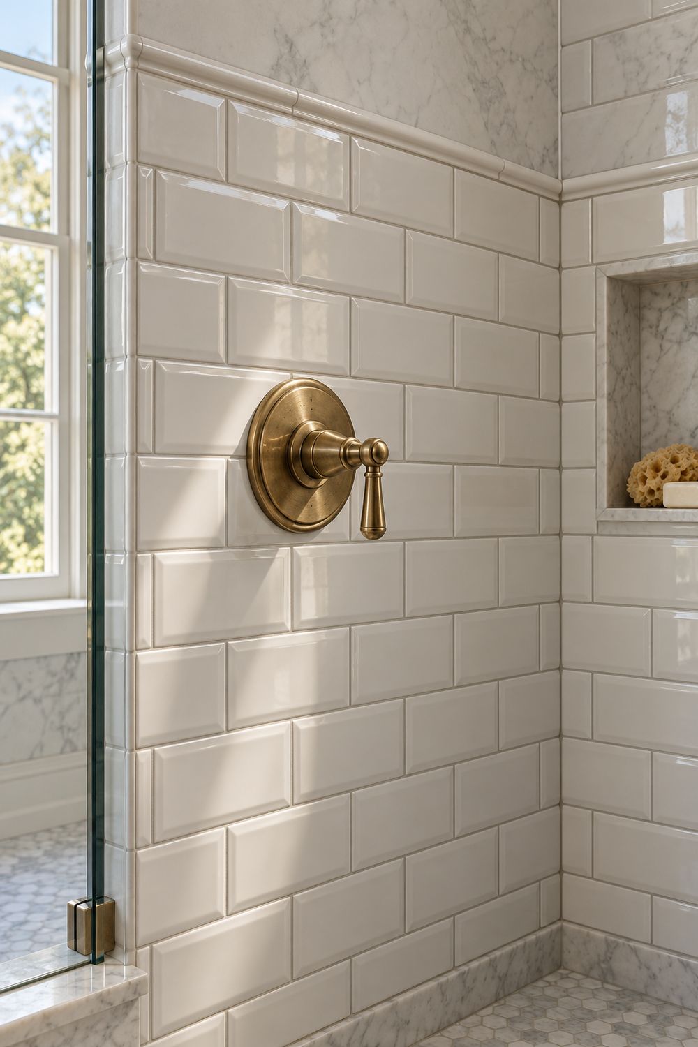 Close-up of glossy white beveled subway tile in running bond with a pencil liner and an unlacquered brass shower handle