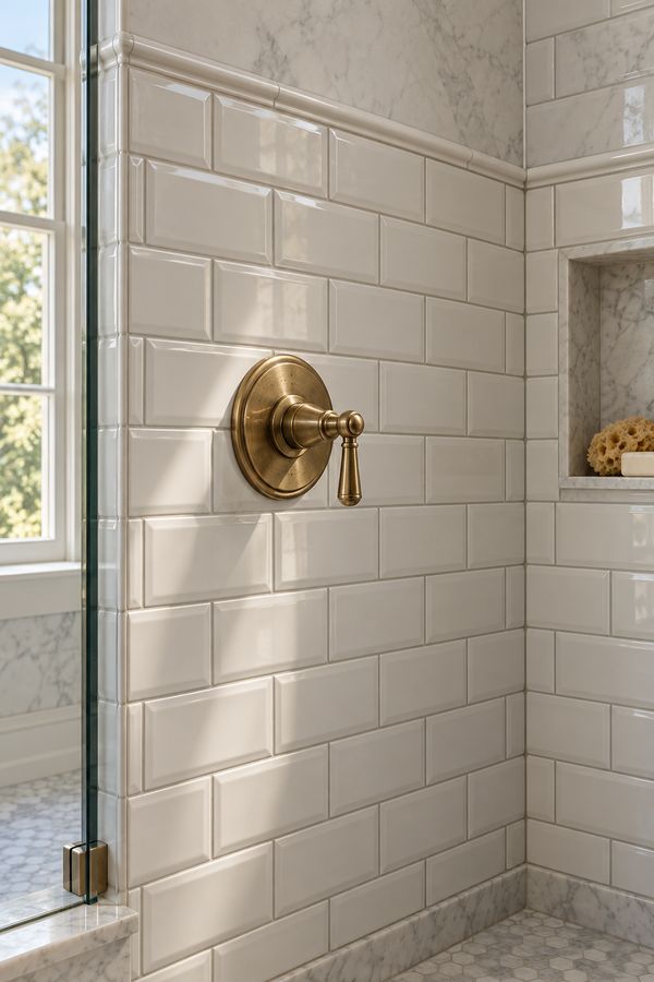 Close-up of glossy white beveled subway tile in running bond with a pencil liner and an unlacquered brass shower handle