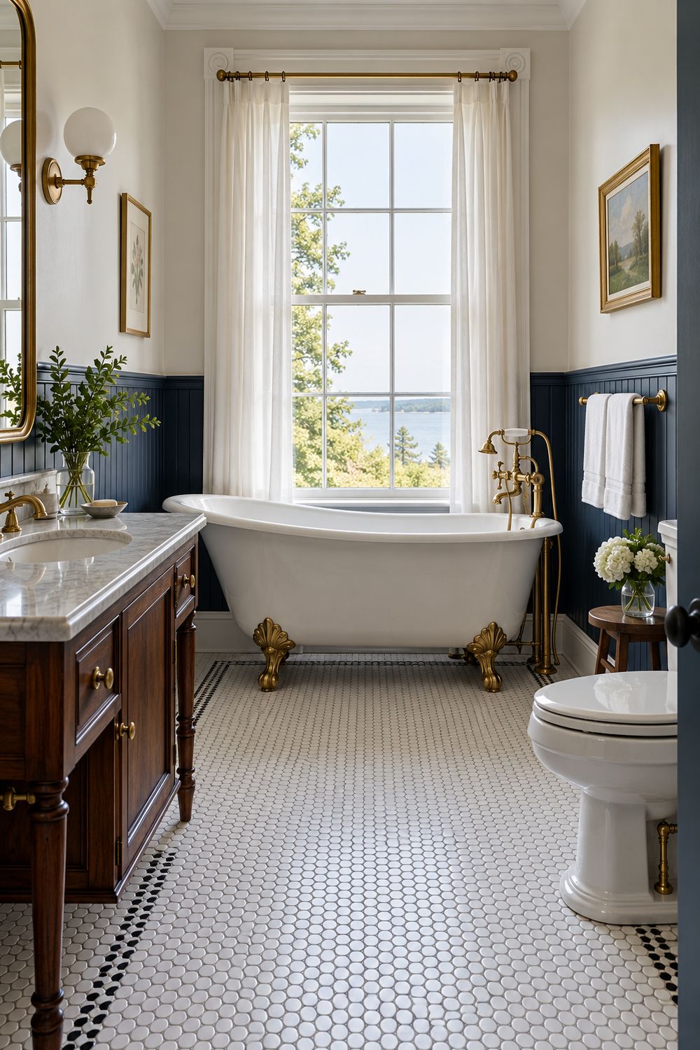 White clawfoot tub with brass feet on a white penny-round floor with a black border, navy beadboard wainscot behind it
