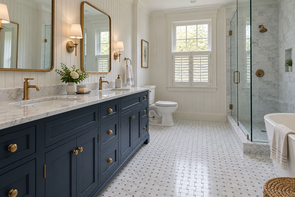 Primary bathroom in a Colonial house with a long navy double vanity, white marble top, brass mirrors and white beadboard walls