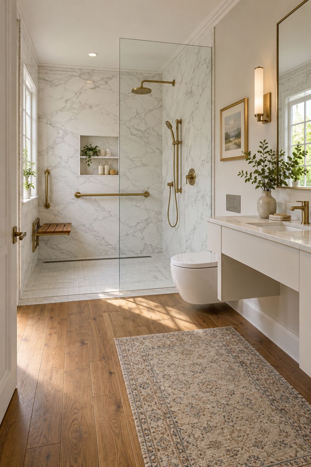 Curbless accessible shower with a linear drain, a fold-down teak seat, satin brass grab bars and a handheld shower on a slide bar