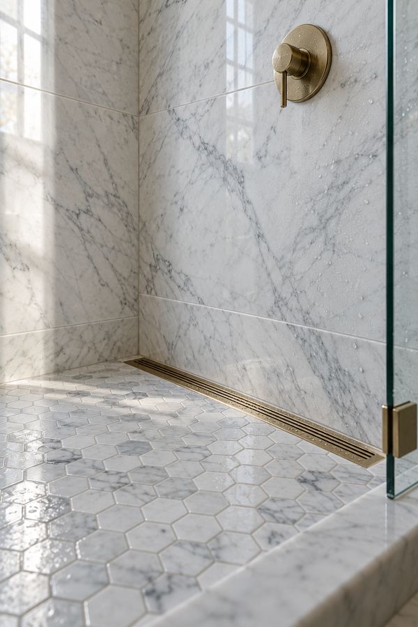 Close-up of honed Carrara marble shower walls meeting a marble hexagon floor and a brass linear drain