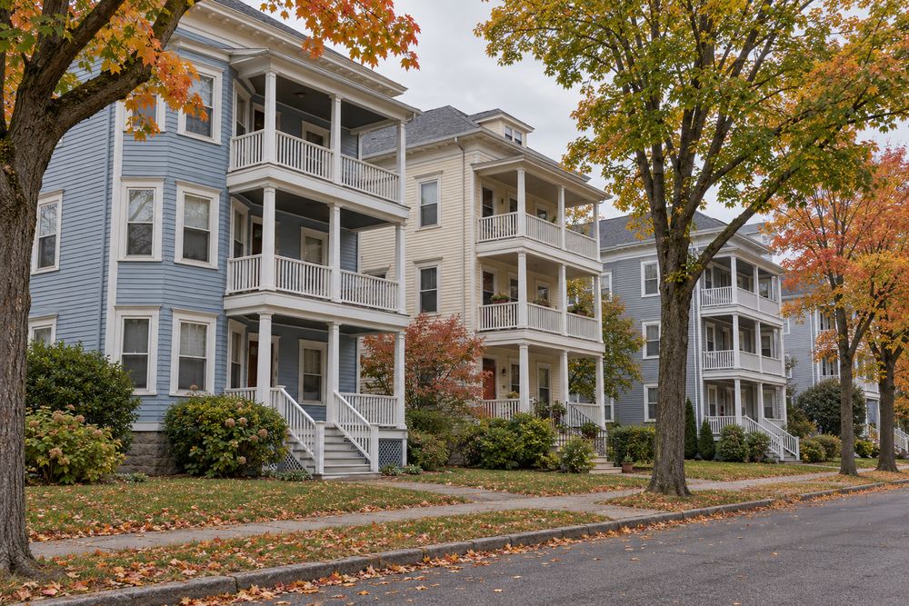 Row of three-story New England triple-decker houses with stacked front porches and painted clapboard on an autumn street