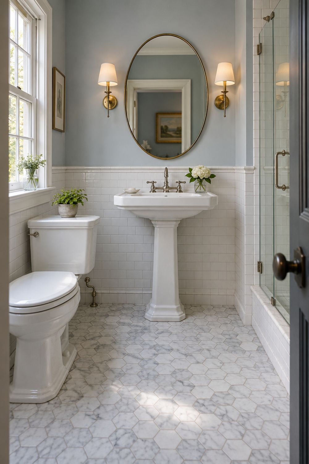 Small older-home bathroom with a white pedestal sink, one nickel faucet, an oval brass mirror between two sconces and white subway wainscot