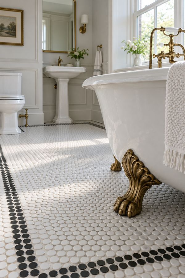 Close-up of white penny-round mosaic floor tile with a black border and the brass claw foot of a tub