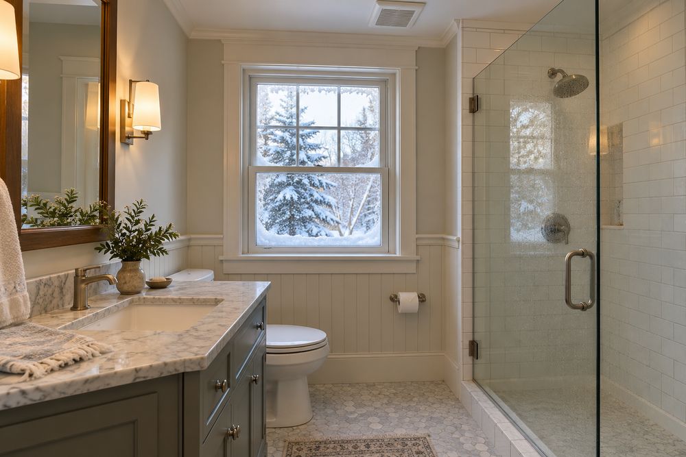 Finished small bathroom on a snowy morning with frost at the window edges, a ceiling exhaust fan above the shower and subway tile