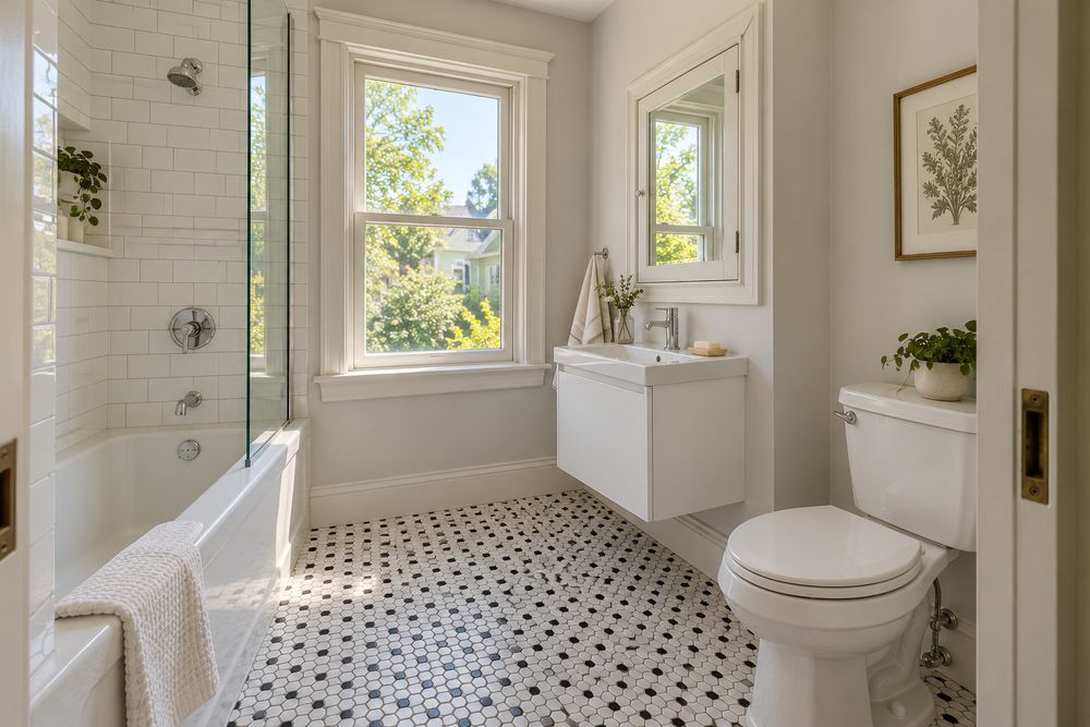 Compact triple-decker bathroom with a subway tile tub alcove, a narrow wall-hung vanity, a pocket door and a black-and-white hex floor