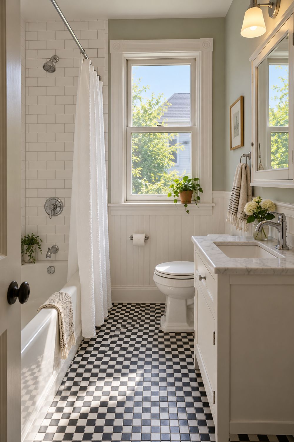 Compact second-floor bathroom in a triple-decker with a white subway tile tub surround, a narrow vanity and a black-and-white checkerboard floor