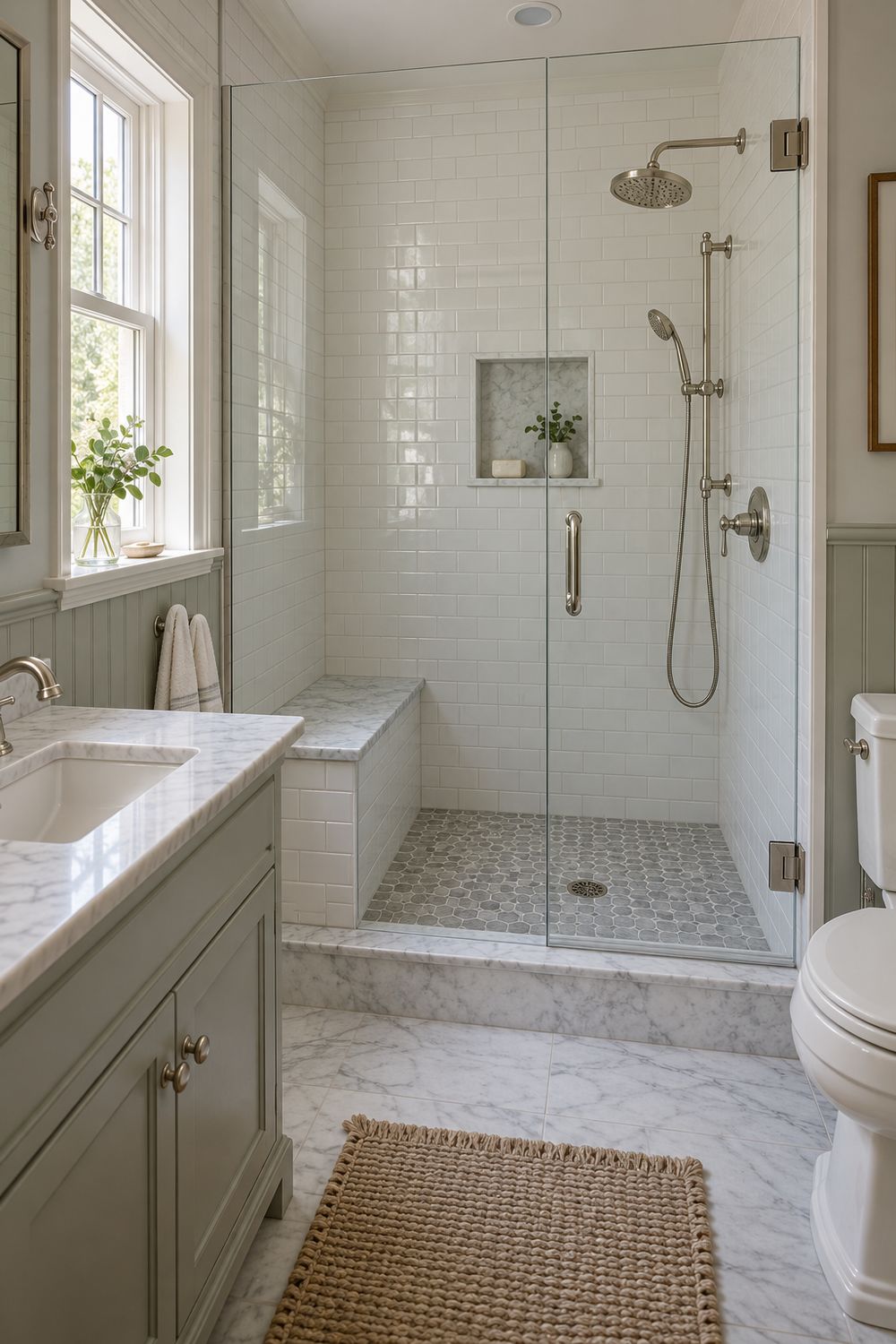 Walk-in shower built where an alcove tub used to be, with white beveled subway tile, a marble bench, a niche and a hinged glass door