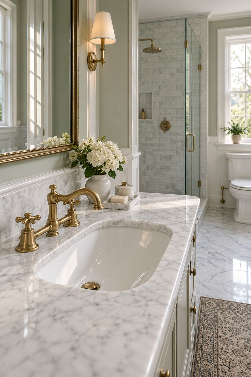 Close-up of an unlacquered brass widespread faucet with lever handles over a white undermount sink in a marble vanity top